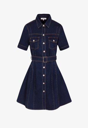 Denim-Hemdkleid in Dunkelblau, mit kurzen Ärmeln, zwei Brusttaschen, tailliertem Design und durchgehender Knopfleiste mit kontrastierenden Nähten.