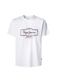White cotton t-shirt featuring a central logo design with "Pepe Jeans" in black, accompanied by red accents and a rectangular outline.