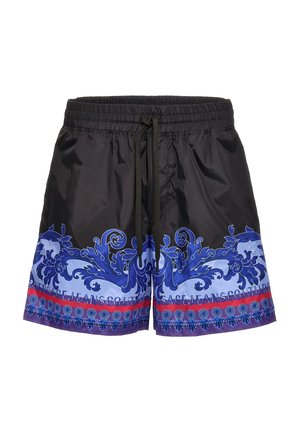 Pantaloni da nuoto neri con un motivo floreale e geometrico blu all'orlo, vita elastica e cordoncino. Presenta una banda a contrasto multicolore.
