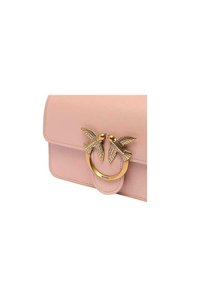 Borsa a tracolla in pelle rosa con chiusura a pattina, caratterizzata da un accento in oro e due motivi di uccelli che abbelliscono la chiusura. Texture liscia.