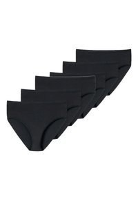 Schwarze Baumwoll-Slips, sechs Stück, mit glatter Textur, hoher Taille und minimalistischer Gestaltung. Keine Muster oder sichtbaren Marken.