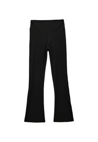 Schwarze, ausgestellte Leggings aus dehnbarem Stoff, mit einem breiten Bund und glatten Nähten, die eine figurbetonte Silhouette bieten.
