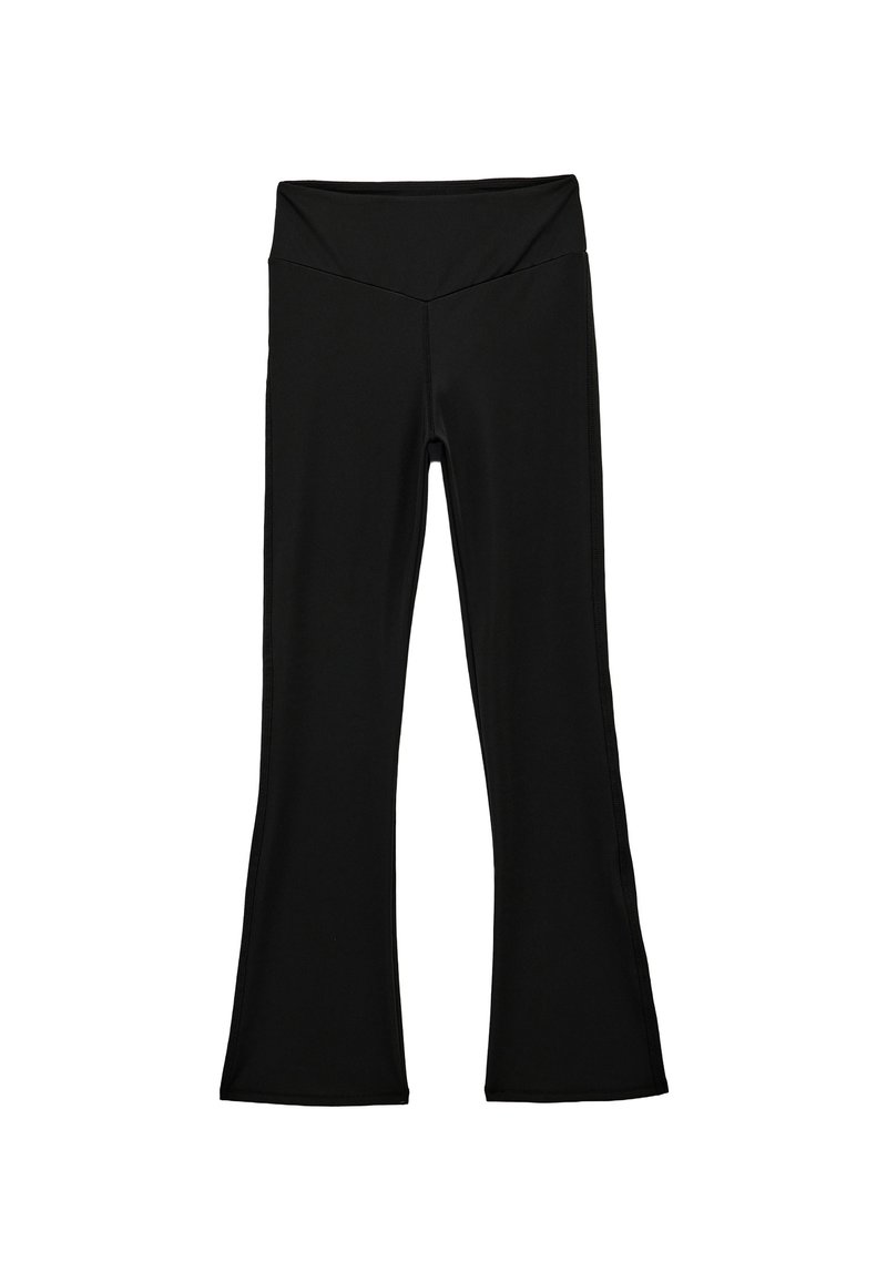 Schwarze, ausgestellte Leggings aus dehnbarem Stoff, mit einem breiten Bund und glatten Nähten, die eine figurbetonte Silhouette bieten.