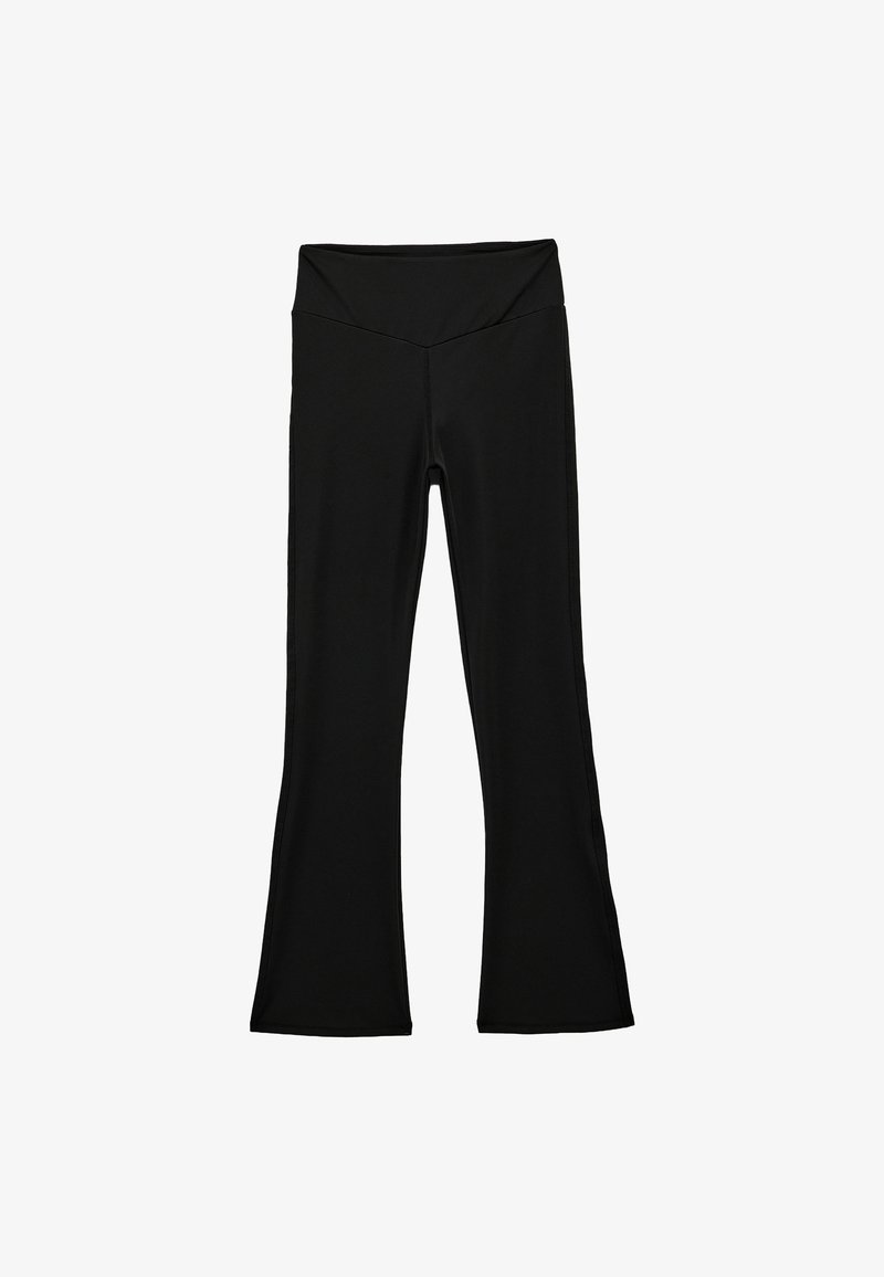 Schwarze, ausgestellte Leggings aus dehnbarem Stoff, mit einem breiten Bund und glatten Nähten, die eine figurbetonte Silhouette bieten.