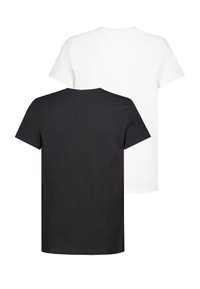 Black and white cotton t-shirts, short sleeves, round neck, solid color with a smooth texture, displayed back-to-back.