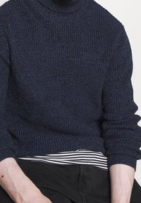Homme portant un pull en maille bleu marine par-dessus une chemise à rayures noires et blanches, associé à un pantalon noir, assis contre un fond uni.