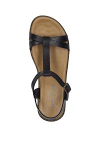 Sandal in pelle nera con cinturini incrociati, fibbia regolabile e soletta imbottita color beige. Presenta una suola testurizzata per una migliore presa.