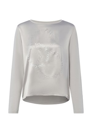 Light gray long-sleeve shirt with round neckline and circular text design reading "DO GOOD BE GOOD" on the front.