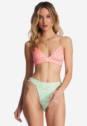 Bikini set featuring a pink top with leopard print and a green bottom with zebra stripes, made of smooth, stretchy fabric.