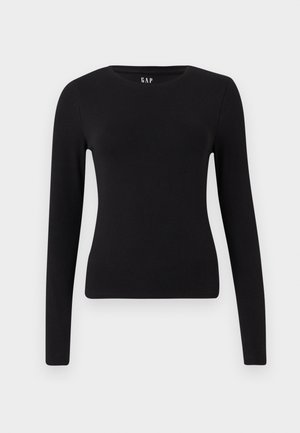 Maglietta nera a maniche lunghe, aderente, con scollo a giro e orlo dritto, esposta su uno sfondo bianco.