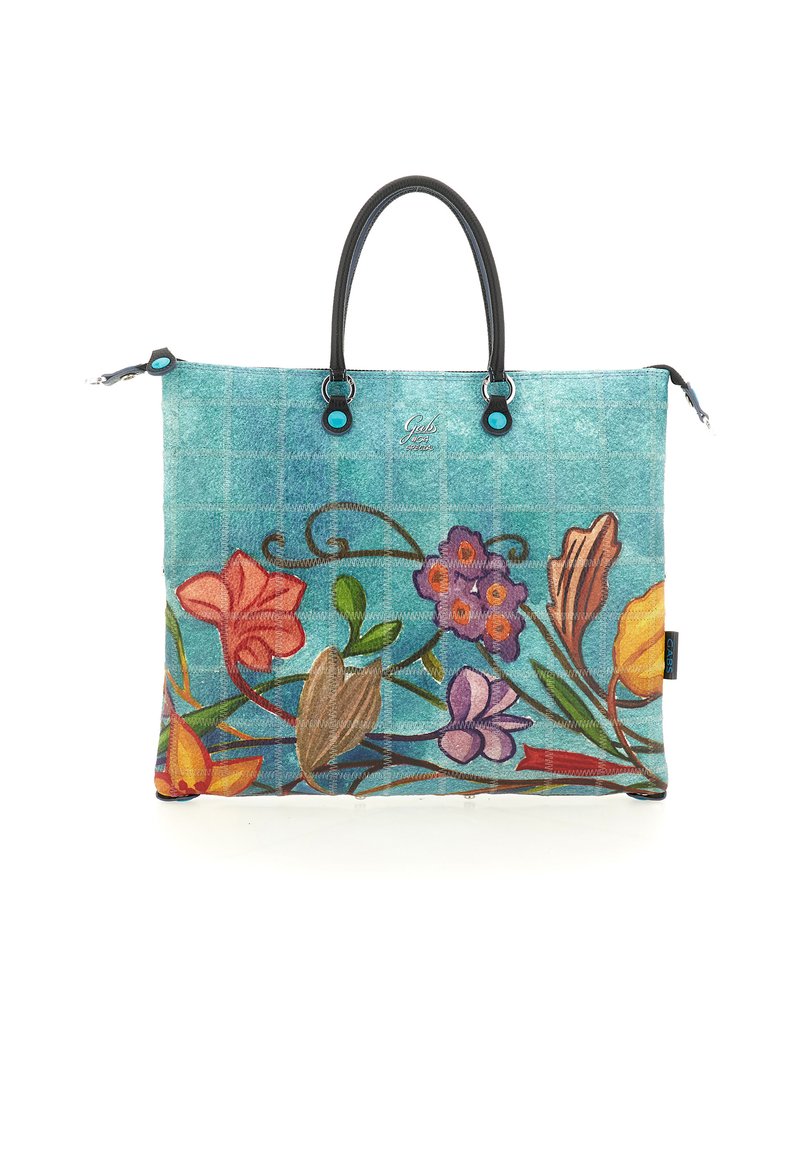 Borsa a tracolla turchese con manici neri, caratterizzata da un vivace motivo floreale ricamato lungo la metà inferiore.