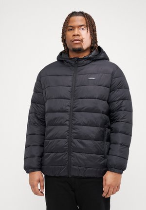 Black puffer jacket featuring a hood, horizontal quilting, and zip closure. The fabric appears smooth with a glossy finish.