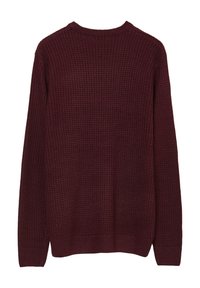 Burgunderfarbener Strickpullover mit einer strukturierten, waffelartigen Musterung, Rundhalsausschnitt und langen Ärmeln. Eingestrickte Bündchen und Saum runden das Design ab.