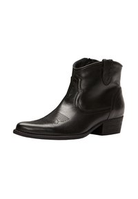 Bottine en cuir noir avec petit talon empilé, fermeture éclair latérale et coutures décoratives sur l'avant et les parties supérieures.