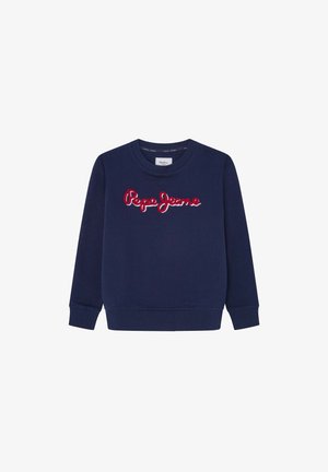 Sudadera azul marino con puños y dobladillo de canalé, con el logotipo bordado en rojo y blanco de "Pepe Jeans" en la parte delantera. Fabricada con tela suave.