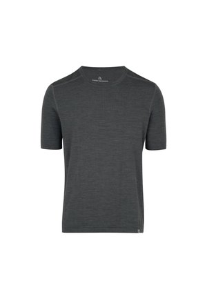 Dark gray short-sleeve crew neck T-shirt with subtle stitching details and small logo tag near the bottom hem.