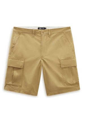 Sandfarbene Cargo-Shorts mit seitlichen Klappentaschen, vorderen schrägen Taschen, Gürtelschlaufen und einem Knopfverschluss.