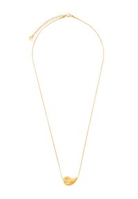 Goldfarbene Halskette mit einem geschwungenen, skulpturalen Anhänger und einer glatten Oberfläche sowie einer zarten Kette mit verstellbarer Länge.