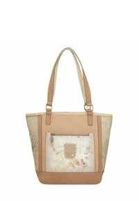 Sac fourre-tout tan en cuir et en tissu, doté d'une poche avant texturée avec des motifs floraux et d'une fermeture éclair. Deux poignées pour les épaules.