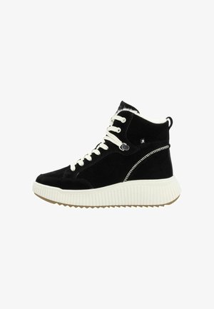 Sorte ruskind høje sneakers med hvide snørebånd, en blød krave og en ribbet gummisål. Har hvide syninger og en struktureret ydersål.