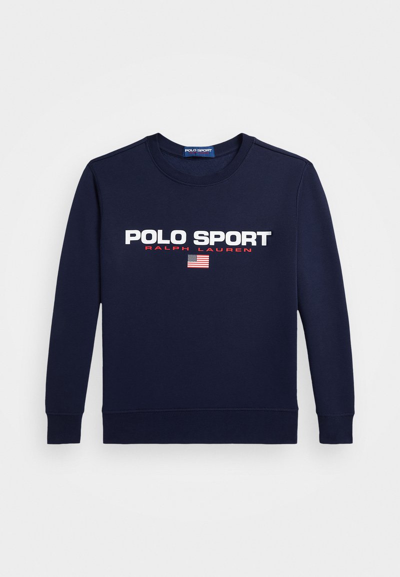 Sweatshirt azul-escuro feito de algodão, com decote redondo, mangas longas e texto ousado em branco e vermelho "POLO SPORT" com um gráfico da bandeira americana.
