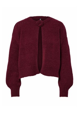 Cardigan cropped en maille bordeaux avec un col rond, une ouverture à l'avant et des manches oversize. Doté d'un détail de bouton central et de poignets côtelés.