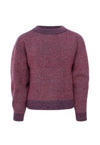 Gebreide trui met een ronde hals, voorzien van verticale strepen in diep rood en marineblauw, met geribde boorden en onderrand, zachte textuur.