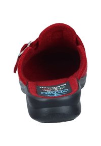 Red felt clogs with a rounded toe, open back, and a black rubber sole. Features a silver buckle accent and a cushioned, textured insole.
