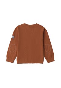 Brauner gestrickter Pullover mit Rundhalsausschnitt und langen Ärmeln. Verfügt über runde Ellbogen-Patches und ein Etikett am linken Ärmel.