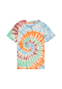 T-shirt z krótkim rękawem w stylu tie-dye, z spiralnym wzorem w odcieniach pomarańczowym, niebieskim, zielonym i brązowym na jasnym tle.