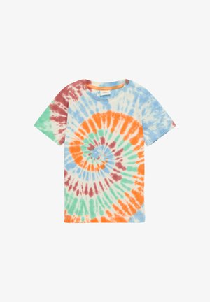 T-shirt z krótkim rękawem w stylu tie-dye, z spiralnym wzorem w odcieniach pomarańczowym, niebieskim, zielonym i brązowym na jasnym tle.