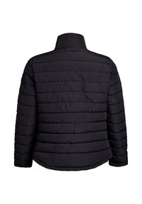 Schwarze Pufferjacke mit gestepptem Design, vertikalen Nähten, Stehkragen und langen Ärmeln. Nur Rückansicht.