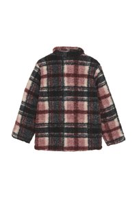 Fleecejacka med rutigt mönster i mörkgrått, vinröd, vitt och ljusrosa. Har krage och långa ärmar, textil med struktur.
