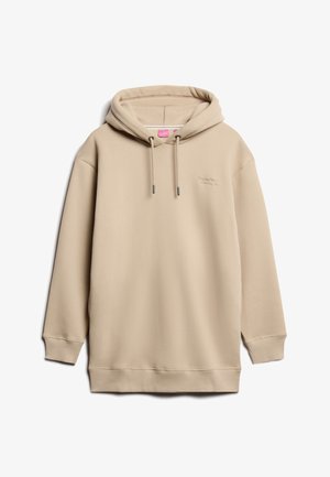 Sudadera color beige, confeccionada en una suave mezcla de algodón, con un bolsillo canguro en la parte frontal, capucha ajustable con cordón y un sutil logo en relieve en el pecho.