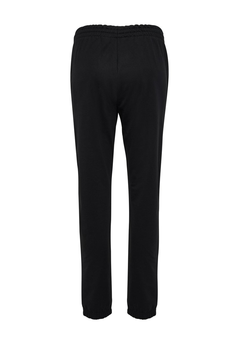 Czarne dresy z elastycznym paskiem w talii, zwężanymi nogawkami i elastycznymi mankietami przy kostkach. Wykonane z miękkiego, elastycznego materiału o gładkiej fakturze.