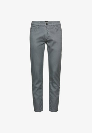 Grå jeans i lige pasform med forreste knap, lynlås, bæltestropper og fem-lommer design, vist mod en hvid baggrund.
