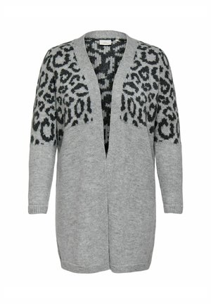 Cárdigan gris claro con un diseño de estampado de leopardo en gris oscuro. Con abertura frontal, mangas largas, textura suave y corte relajado.