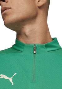 Maglietta sportiva verde a mezza zip con design testurizzato, colletto alto e zip silver. Logo bianco sul lato sinistro del petto.