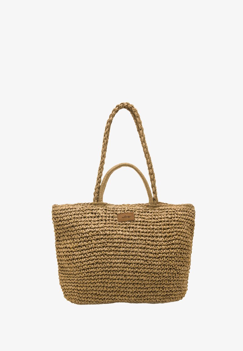 Sac en paille tissée de couleur beige naturel, avec des anses tressées et une forme rectangulaire ornée d'une petite étiquette en cuir.