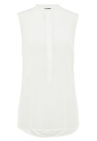 Blusa blanca sin mangas con cuello alto, con botonadura en la parte delantera y dobladillo redondeado. Textura suave con un ajuste ligeramente holgado.