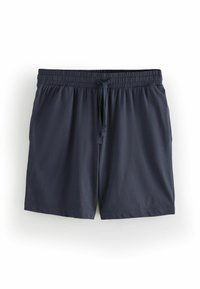 Pantaloni de baie navy din țesătură ușoară. Prezintă un tiv elastic cu șnur și buzunare laterale. Textură netedă, design simplu.