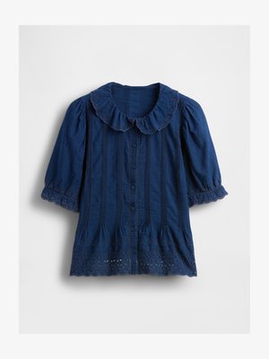 Navy blue blouse with a round, scalloped collar, puffed sleeves, vertical stripes, and delicate eyelet detailing at the hem and sleeves.
