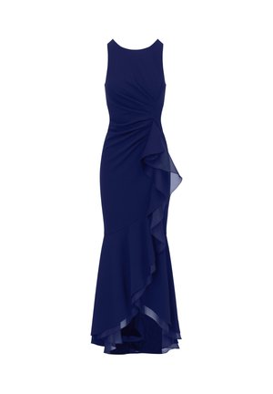 Abito senza maniche di colore blu navy con bustino aderente e dettagli a ruffle in strati lungo il lato. Fino al pavimento con orlo svasato.