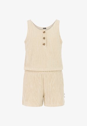 Šviesios smėlio spalvos frotinis kombinezonas su apvalia iškirpte, trimis priekinių sagomis ir elastine juosmens juosta. Visame kombinezono paviršiuje yra tekstūruota rašto detalė.