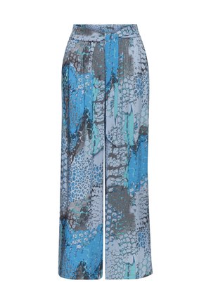 Blaue gemusterte weite Hosen mit einer Mischung aus Schlangen- und abstrakten Designs. Hergestellt aus leichtem Stoff mit einem gebundenen Taillenzug.