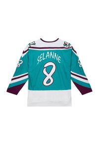 Türkisfarbenes Hockey-Trikot mit kastanienbraunen Akzenten, weißen Streifen und gesticktem Namen "SELANNE" mit der Nummer "8" auf dem Rücken.