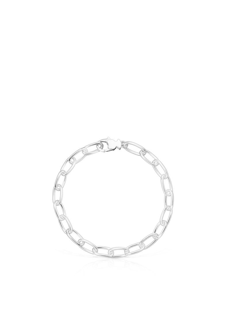 Pulsera de cadena de plata con eslabones alargados y un cierre de langosta. El diseño es simple, suave y pulido con un acabado brillante.