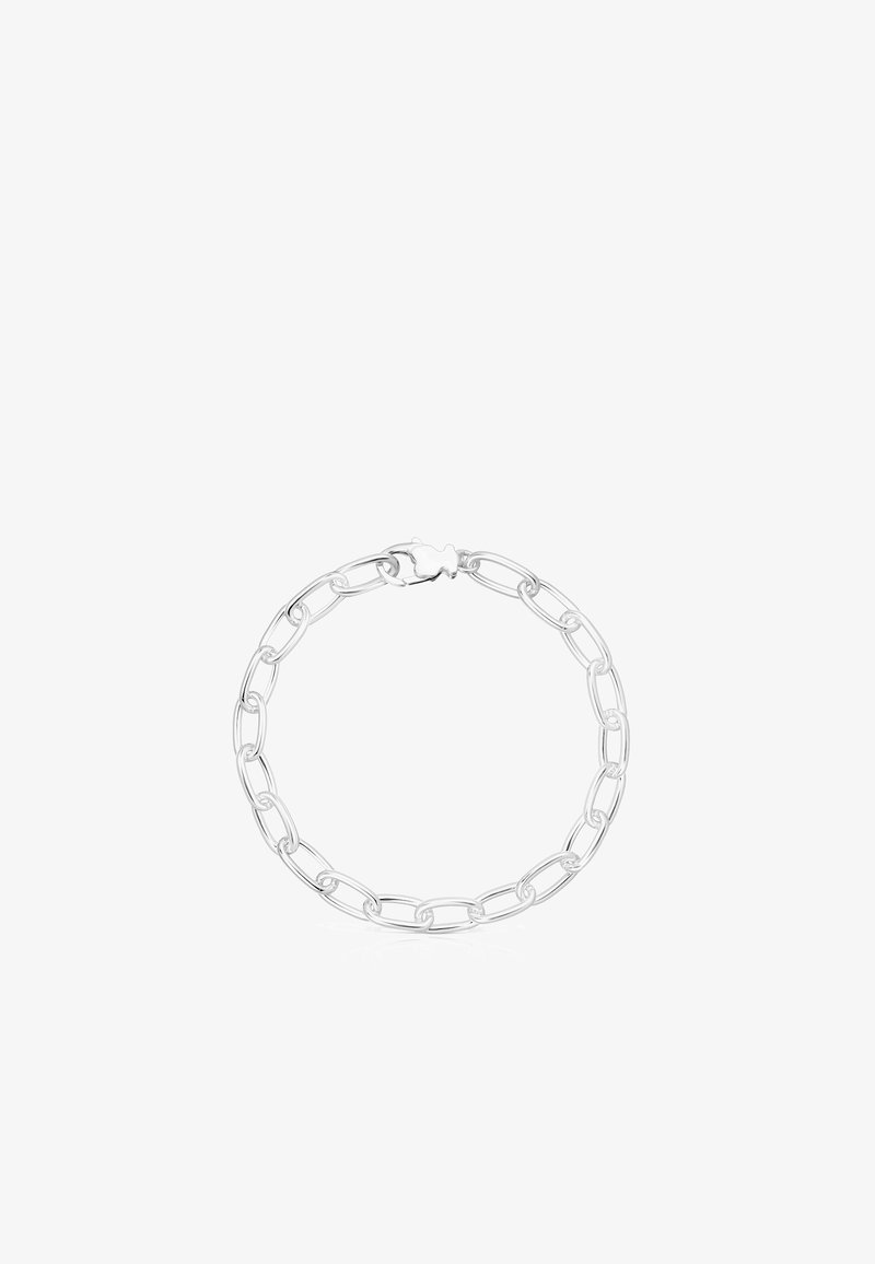 Pulsera de cadena de plata con eslabones alargados y un cierre de langosta. El diseño es simple, suave y pulido con un acabado brillante.
