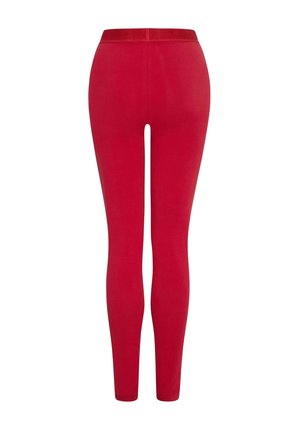 Rote Leggings mit glatter Textur, schmaler Passform und elastischem Bund. Entworfen für Komfort und Bewegungsfreiheit.