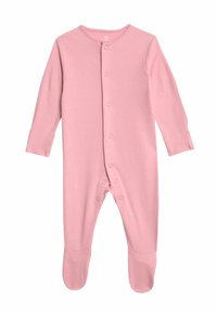 Rosa langærmet one-piece lavet af blødt stof, med en front snap placket, foddesign og ribbede manchetter for komfort.